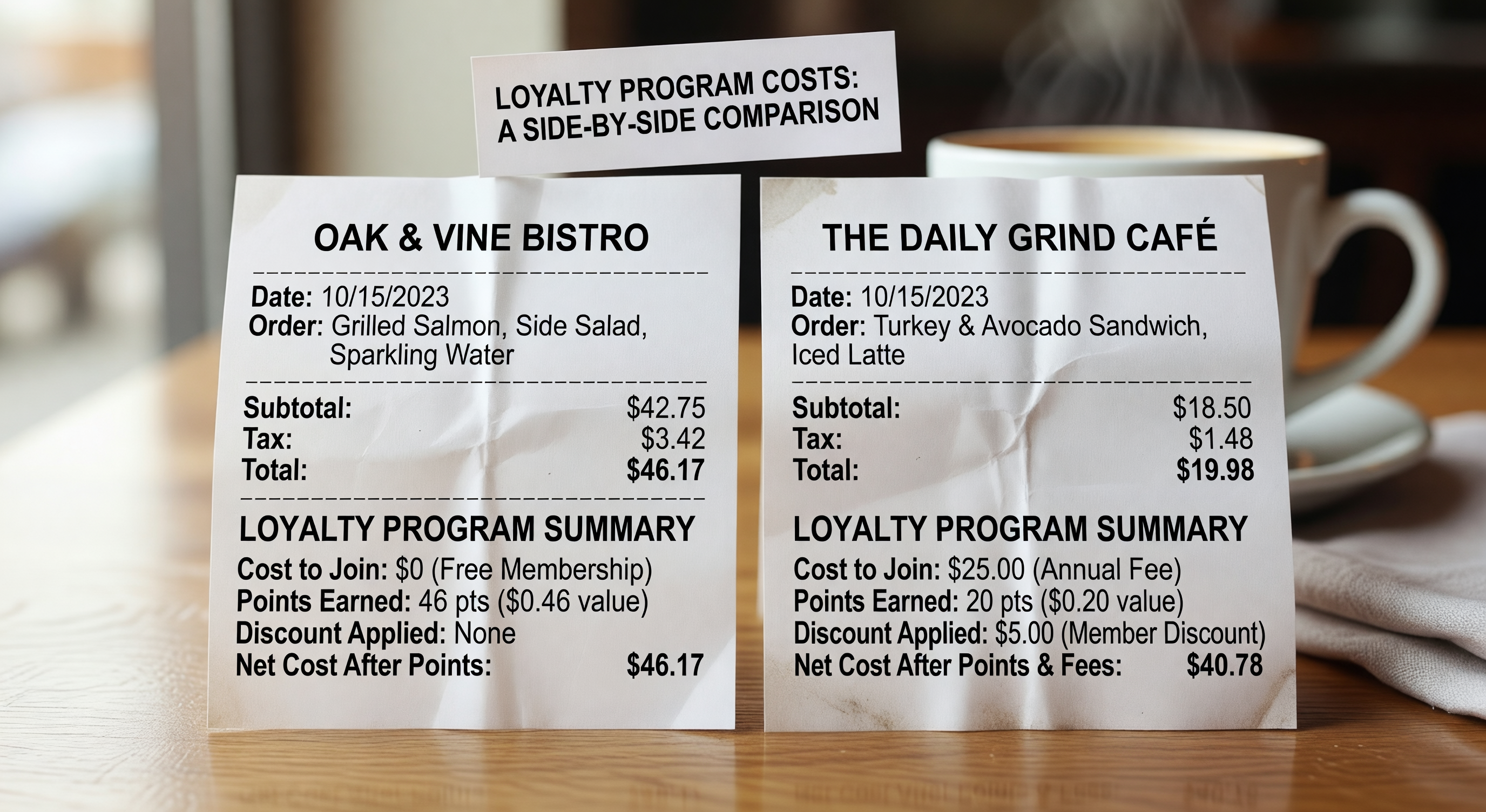 Two restaurant receipts side by side comparing loyalty program costs