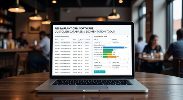 Restaurant owner reviewing customer data and loyalty metrics on computer screen