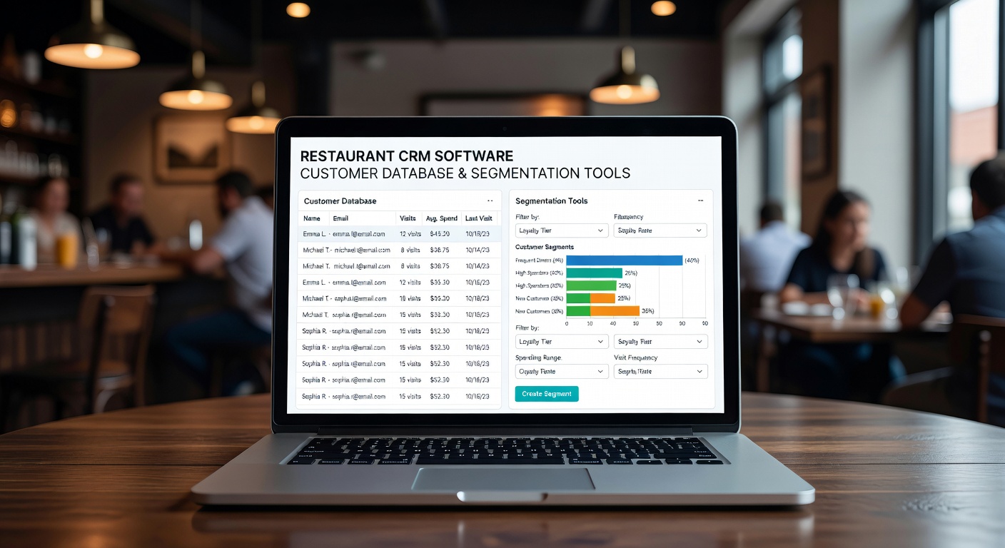 Restaurant owner reviewing customer data and loyalty metrics on computer screen