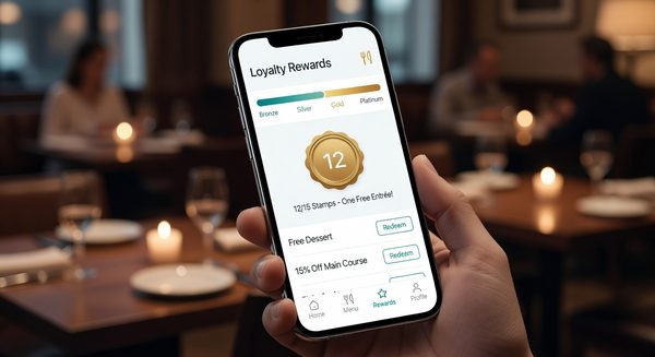 Smartphone showing well-designed restaurant loyalty app with rewards dashboard and progress bar