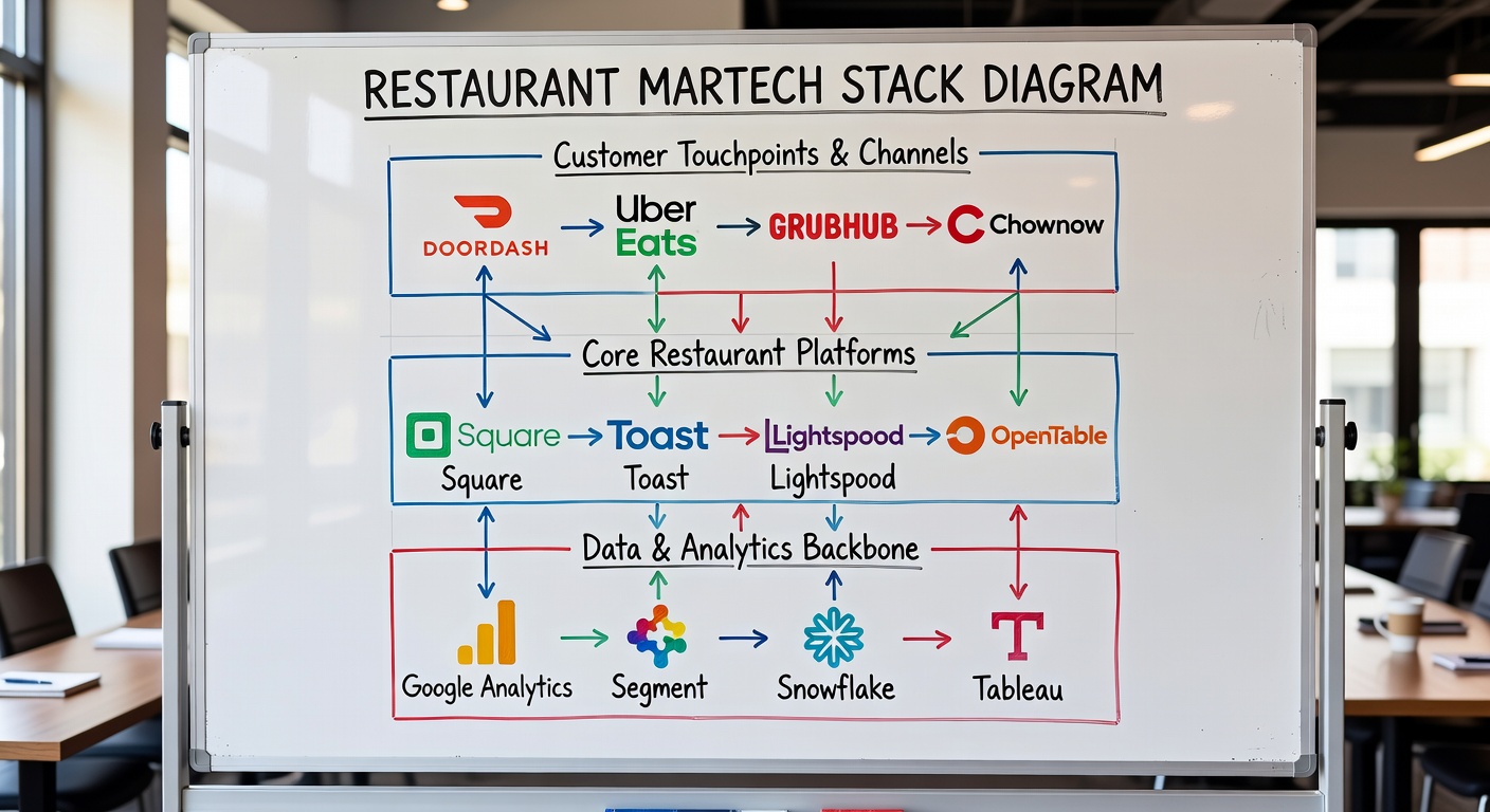 Restaurant marketing technology stack diagram showing loyalty platform, email, SMS and analytics layers