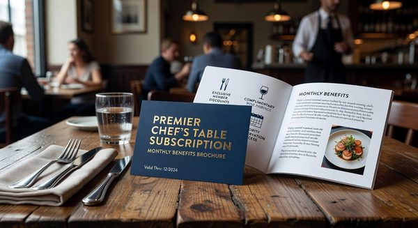 Coffee subscription card with monthly recurring loyalty benefit at casual dining restaurant