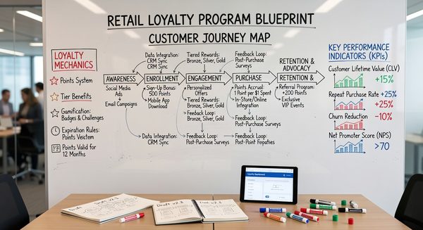 Retail loyalty program design framework showing earn, engage, and reward pillars