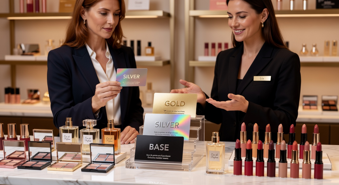 Beauty retail store loyalty card with tiered rewards and exclusive member benefits