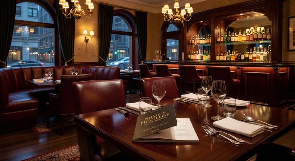 Upscale steakhouse dining room with cocktails and candlelight