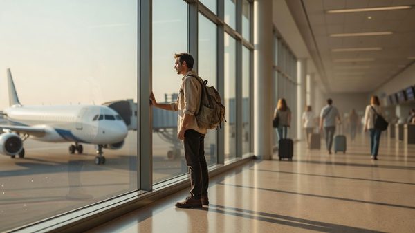 Traveler at a sunny airport window watching aircraft on the tarmac during peak summer travel season