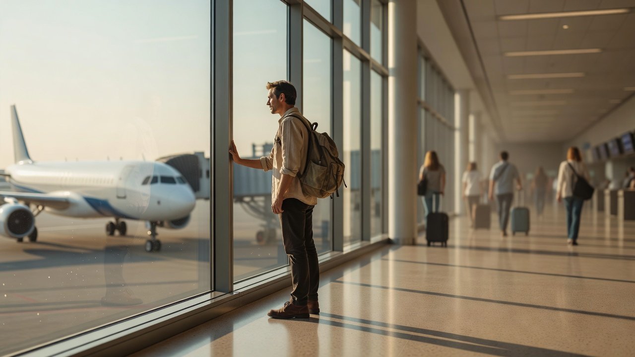 Traveler at a sunny airport window watching aircraft on the tarmac during peak summer travel season