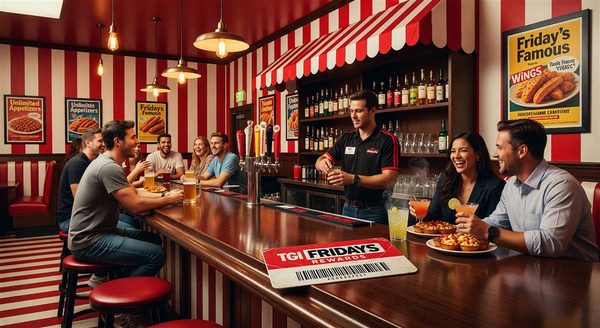 TGI Fridays style casual dining bar with striped decor and loyalty card