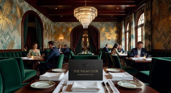 Elegant palm tree motif restaurant dining room with private club membership card
