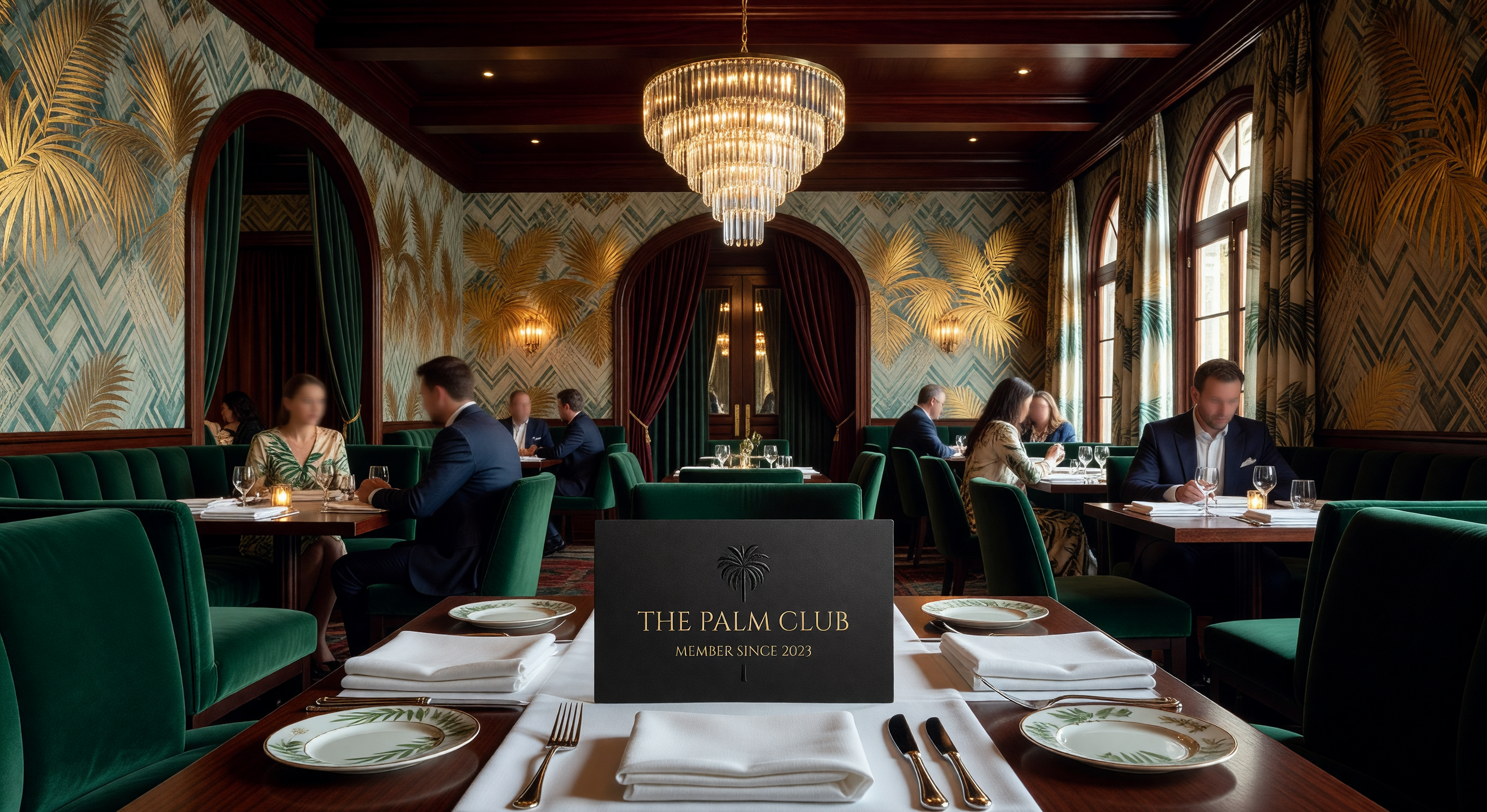 Elegant palm tree motif restaurant dining room with private club membership card