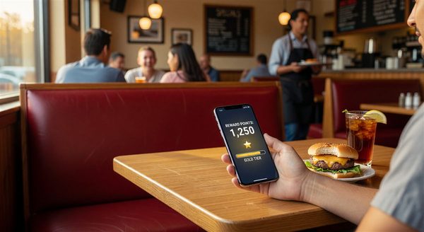 Casual dining restaurant booth with reward points visible on mobile phone screen